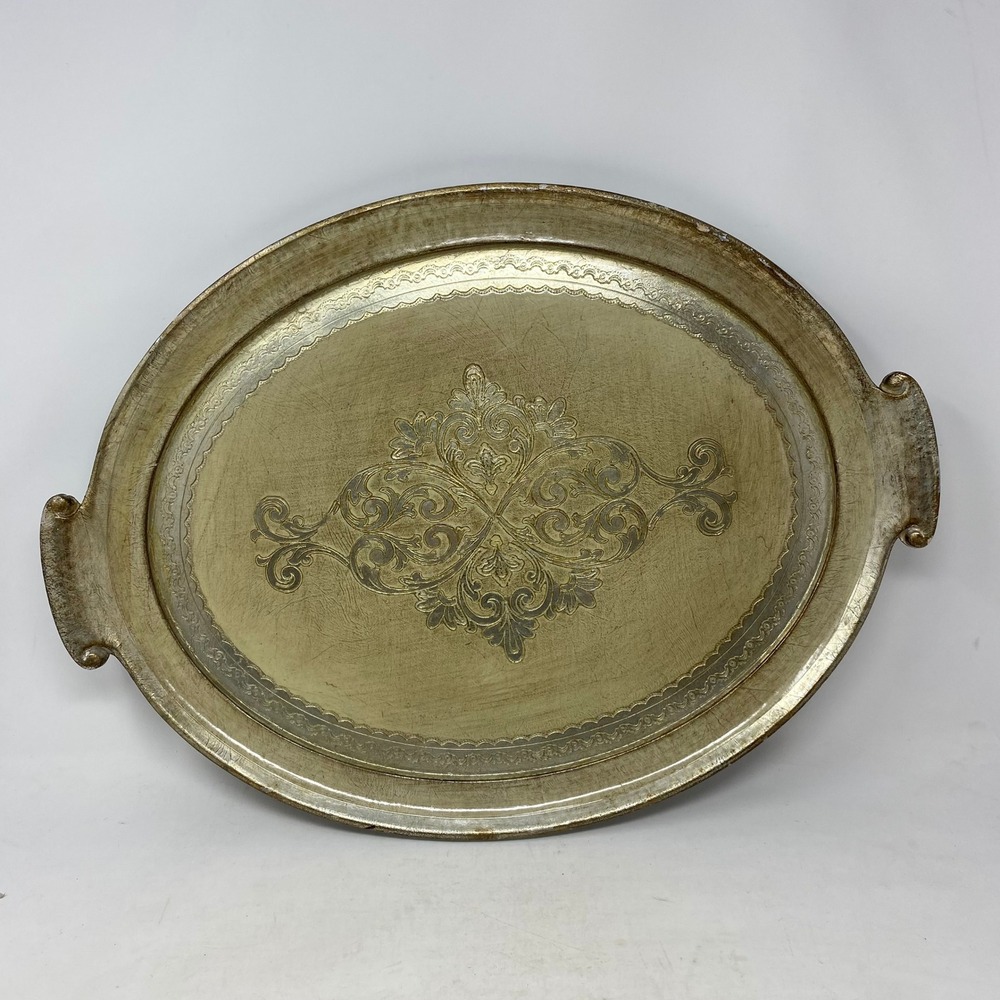 Neiman Marcus Italian Florentine Wood Oval Serving Tray Gold Silver 20.5in
